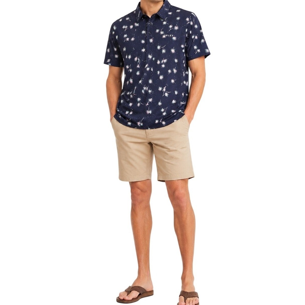 Hurley Printed Polo Men XL Navy Blue Palm Tree Tropical Casual